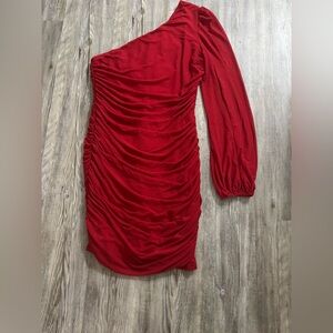 Red One Shoulder Bodycon Dress with Bishop Sleeve NWOT